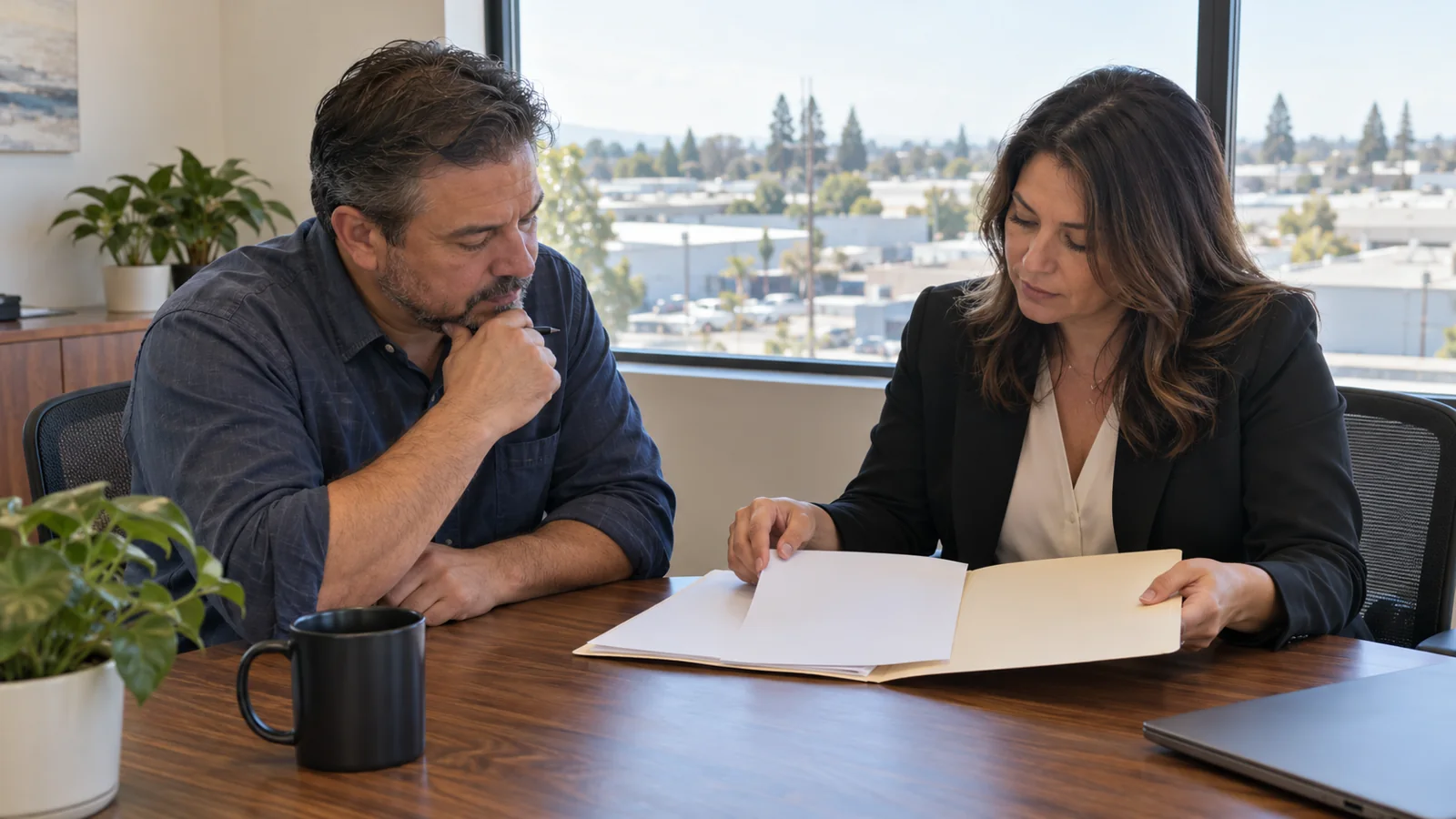 A business owner and an advisor reviewing a folder at an office table
