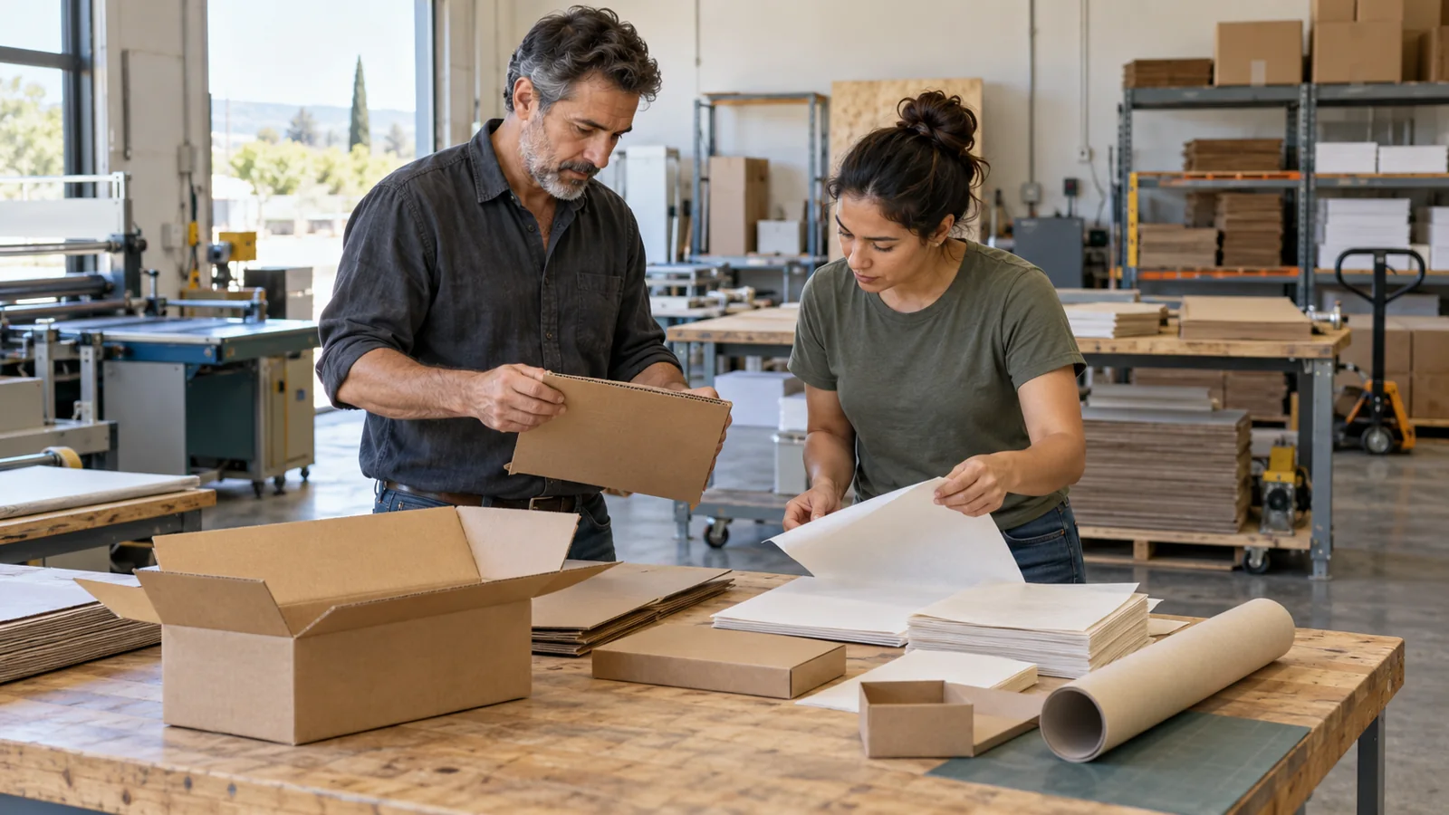 An owner and employee reviewing materials in a workshop